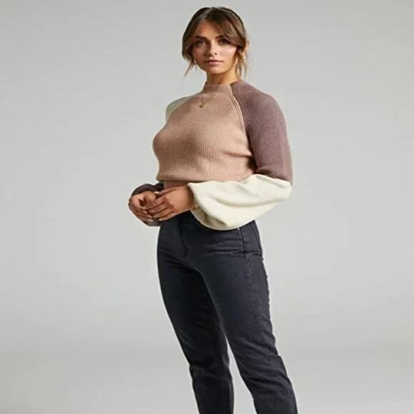 New Mock Neck Color Block Sweaters Knitted Pullover Tops Casual Lantern - Picture 5 of 6